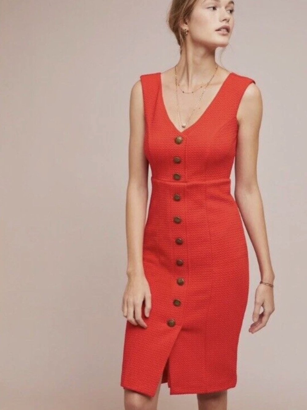Anthropologie Red V-Neck Button-Front Midi Dress